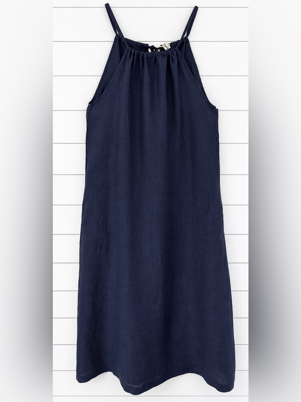 Womens S Navy Linen Halter Sleeveless Midi Dress Tie Back with Belt and Pockets - Picture 2 of 10